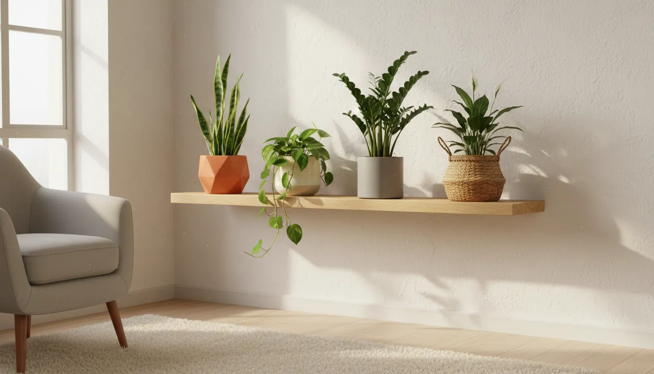 Diverse low-light houseplants (snake plant, pothos, ZZ, peace lily) in various containers on a wooden shelf in a cozy, sunlit apartment.