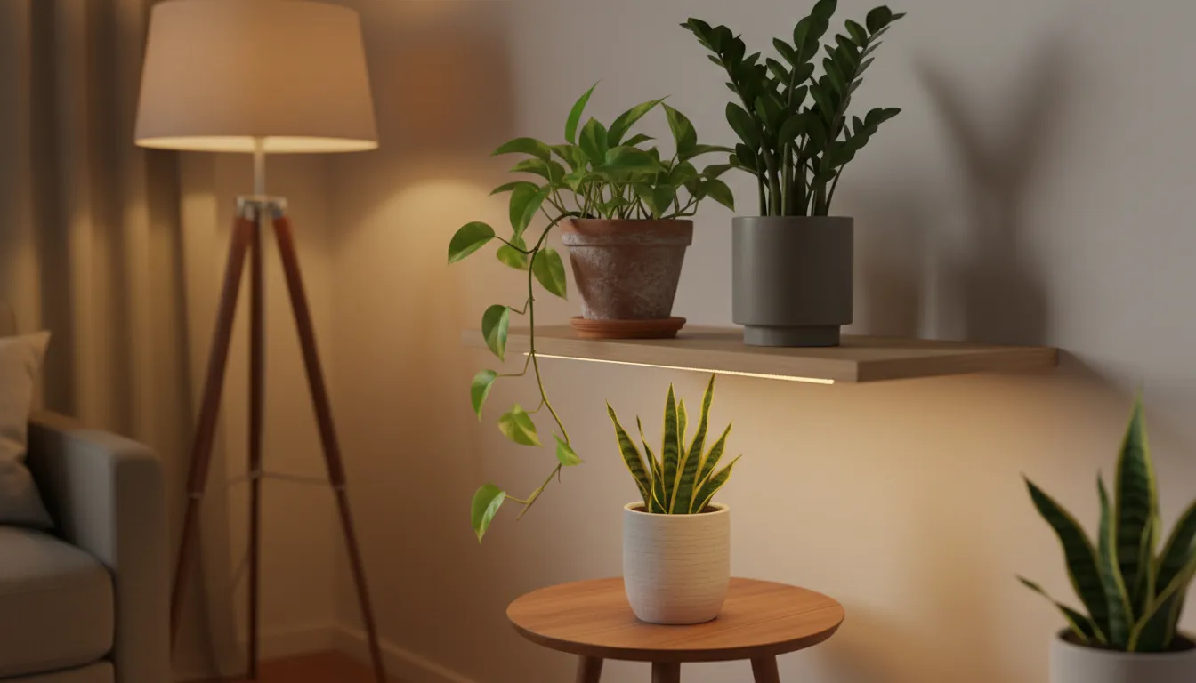 A close-up of a cozy, softly lit apartment corner with various low-light houseplants in stylish pots on a wooden shelf and small side table.