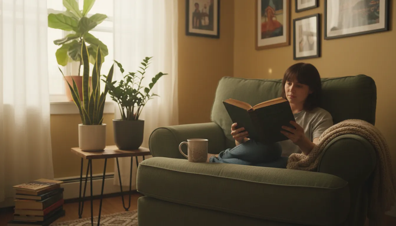 A person reads a book in a softly lit, cozy apartment living room, with potted low-light plants blending into the subtle decor.