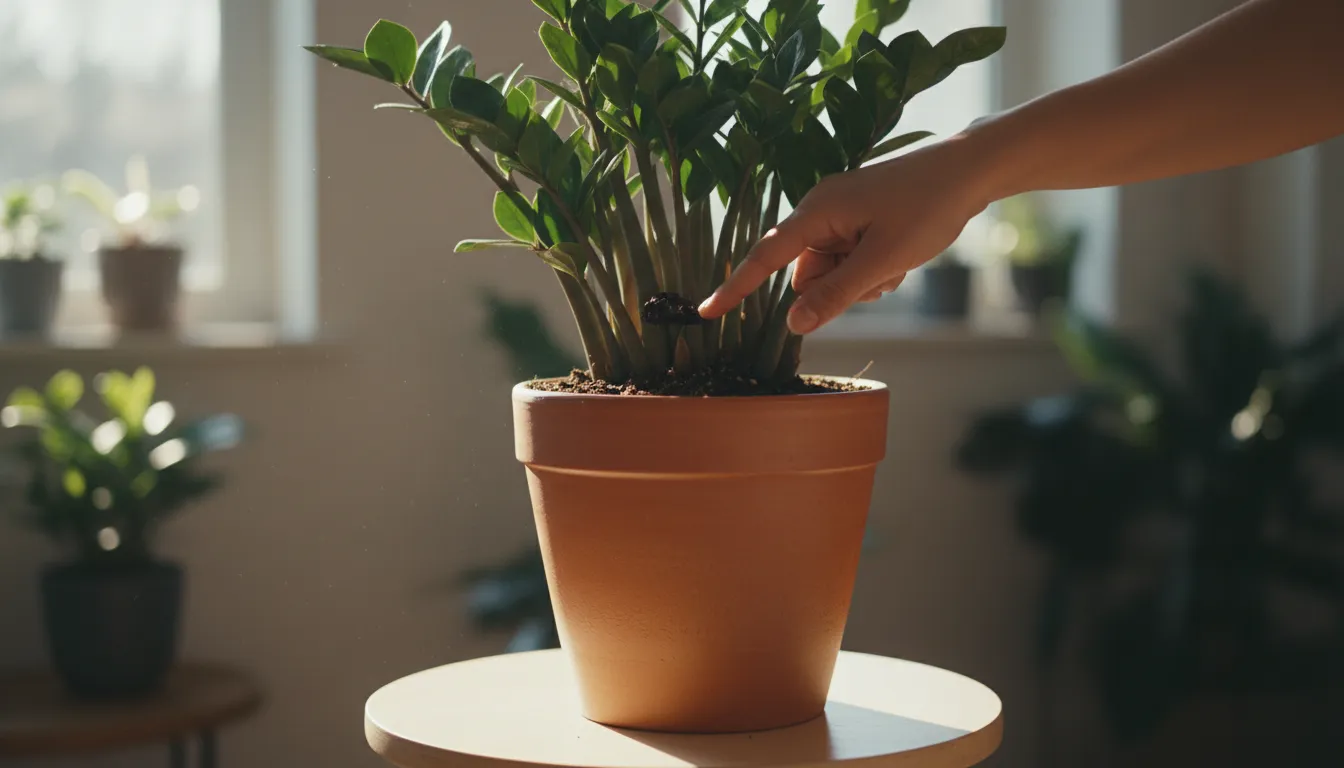 Person's index finger checking the soil moisture of a healthy ZZ plant in a ceramic pot on a wooden stool.
