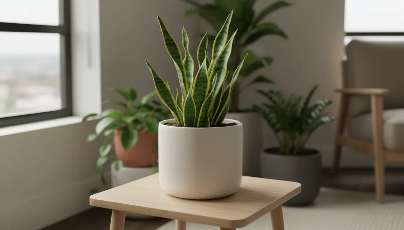A healthy variegated Snake Plant in a matte ceramic pot on a wooden table, with other low-light houseplants visible in the soft-focused background of 