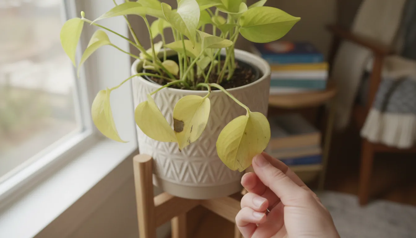Close-up of a Pothos plant with soft, yellowing lower leaves in a ceramic pot. A person's hand gently touches a yellow leaf, inspecting it.