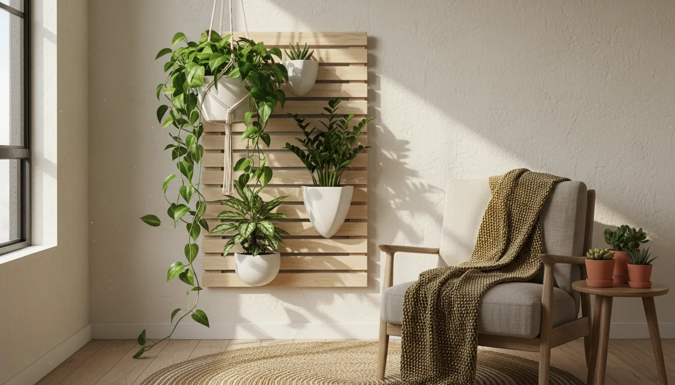 A vibrant Pothos and other low-light plants in hanging and wall-mounted planters brighten a cozy corner of a small apartment.