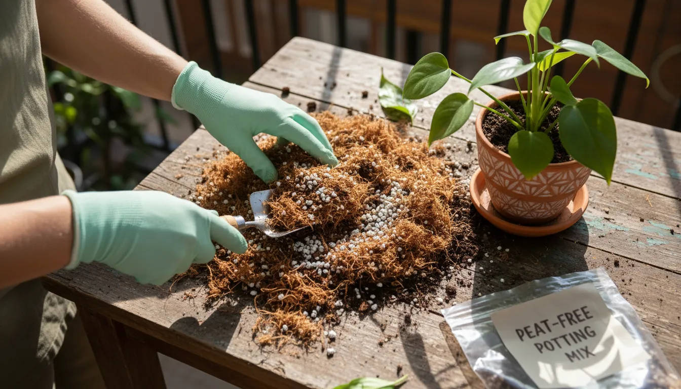 A woman's hands mix a peat-free potting blend with coco coir, perlite, and compost on a wooden bench, preparing to repot a houseplant.