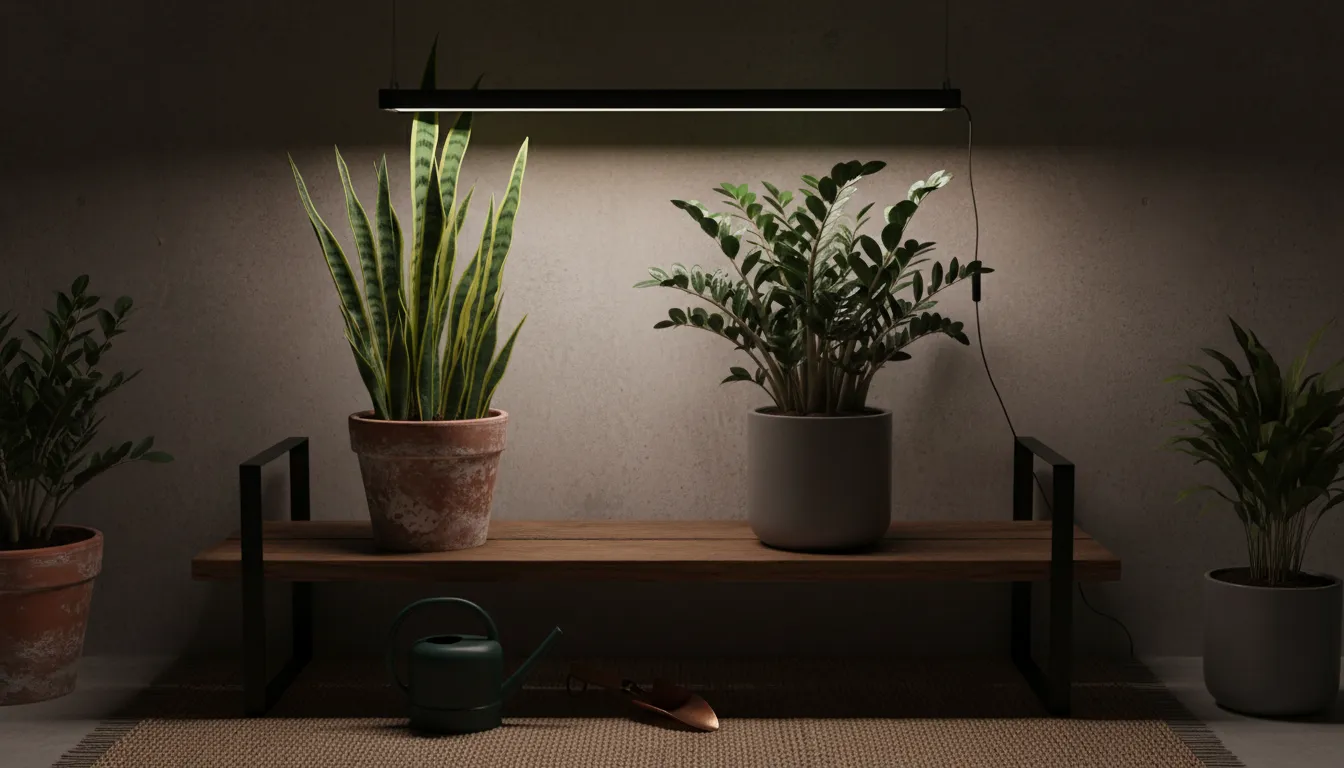 Healthy Snake Plant and ZZ Plant thriving on a shelf under a compact LED grow light in a dim interior room, showcasing low-light plant solutions.