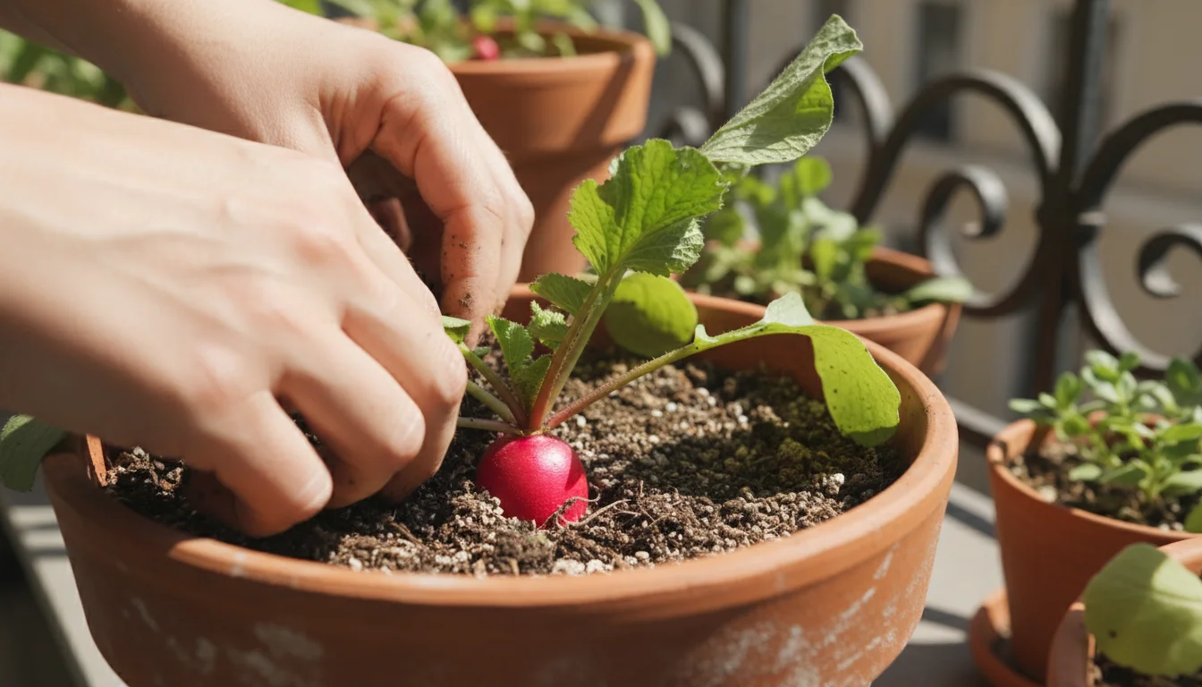 A close-up view from above shows a person's hands gently brushing soil from a radish plant in a terracotta pot on a balcony, revealing a small, red ra