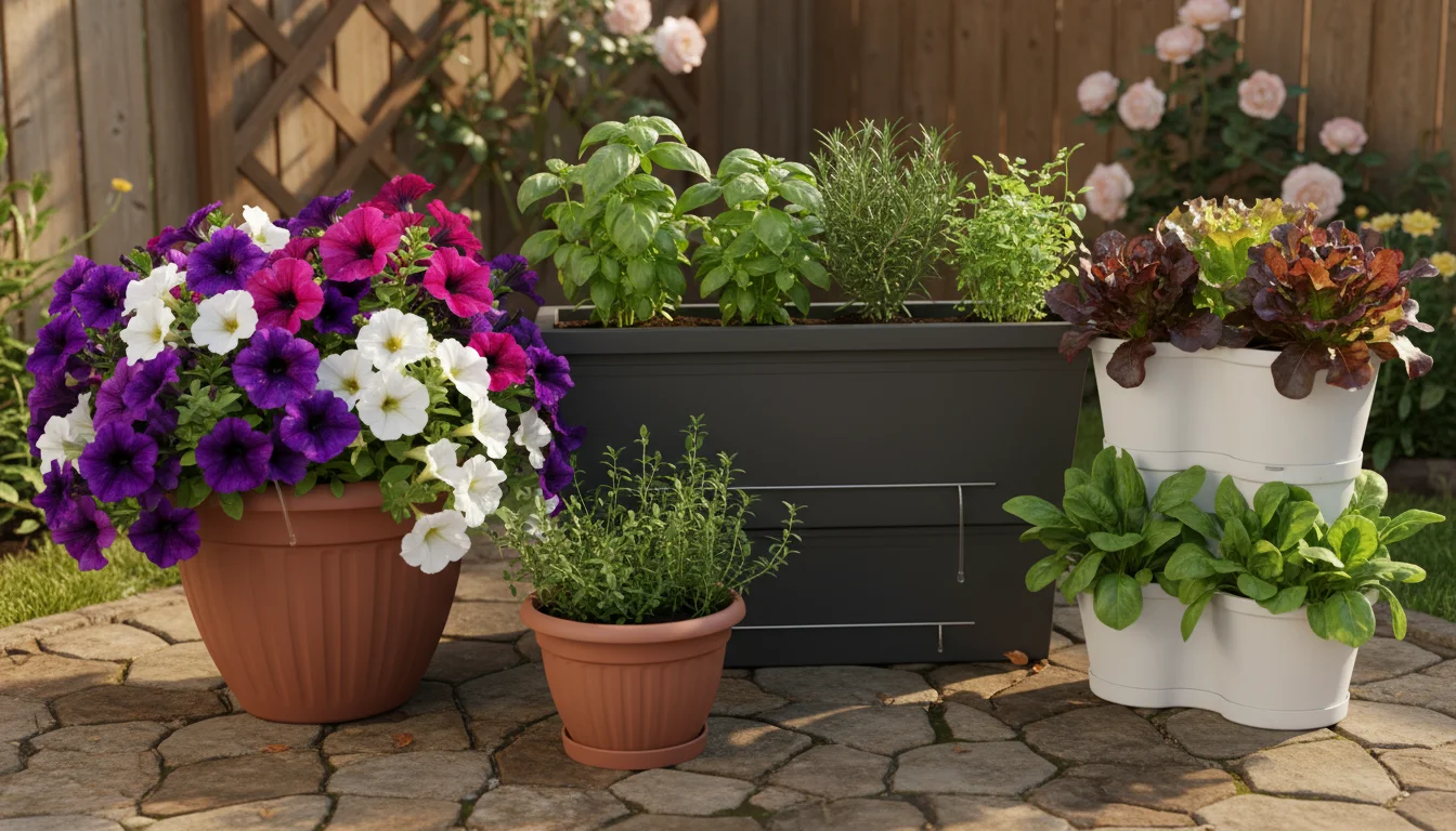 View from above of vibrant petunias and herbs thriving in various self-watering containers on a small, sun-kissed patio.