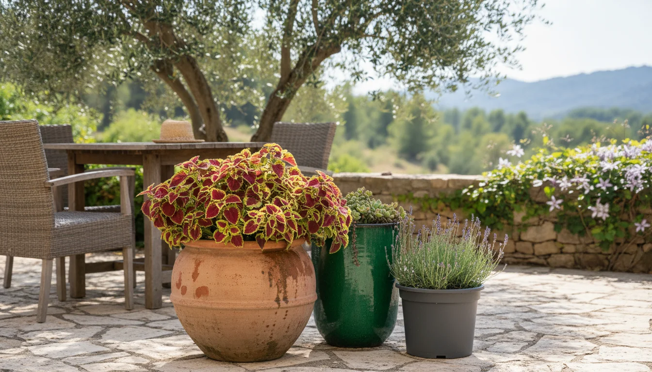 A slightly elevated view across a small patio with a damp terracotta pot, a green glazed ceramic pot, and a gray plastic pot, all with healthy plants.