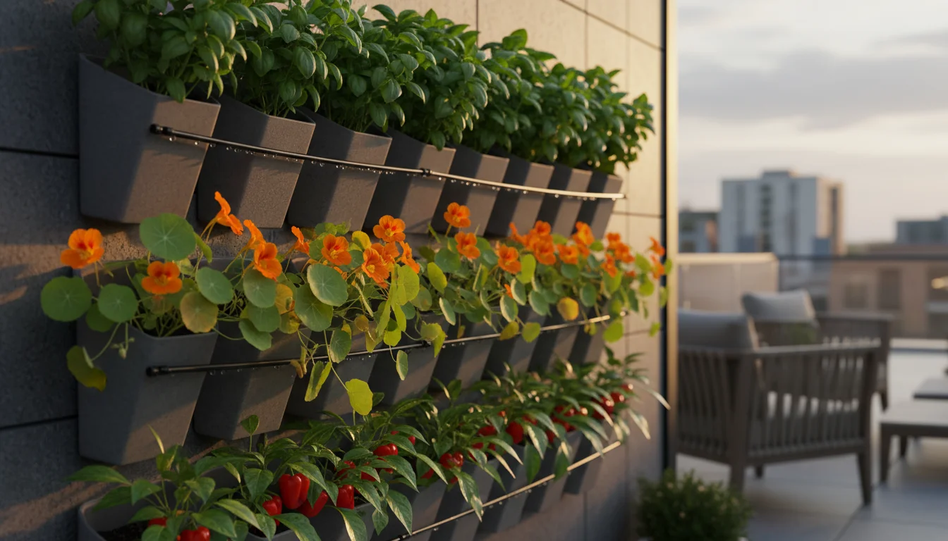 Eye-level view across a thriving modular vertical garden on a city patio, featuring basil, nasturtiums, and bell peppers with a visible drip irrigatio