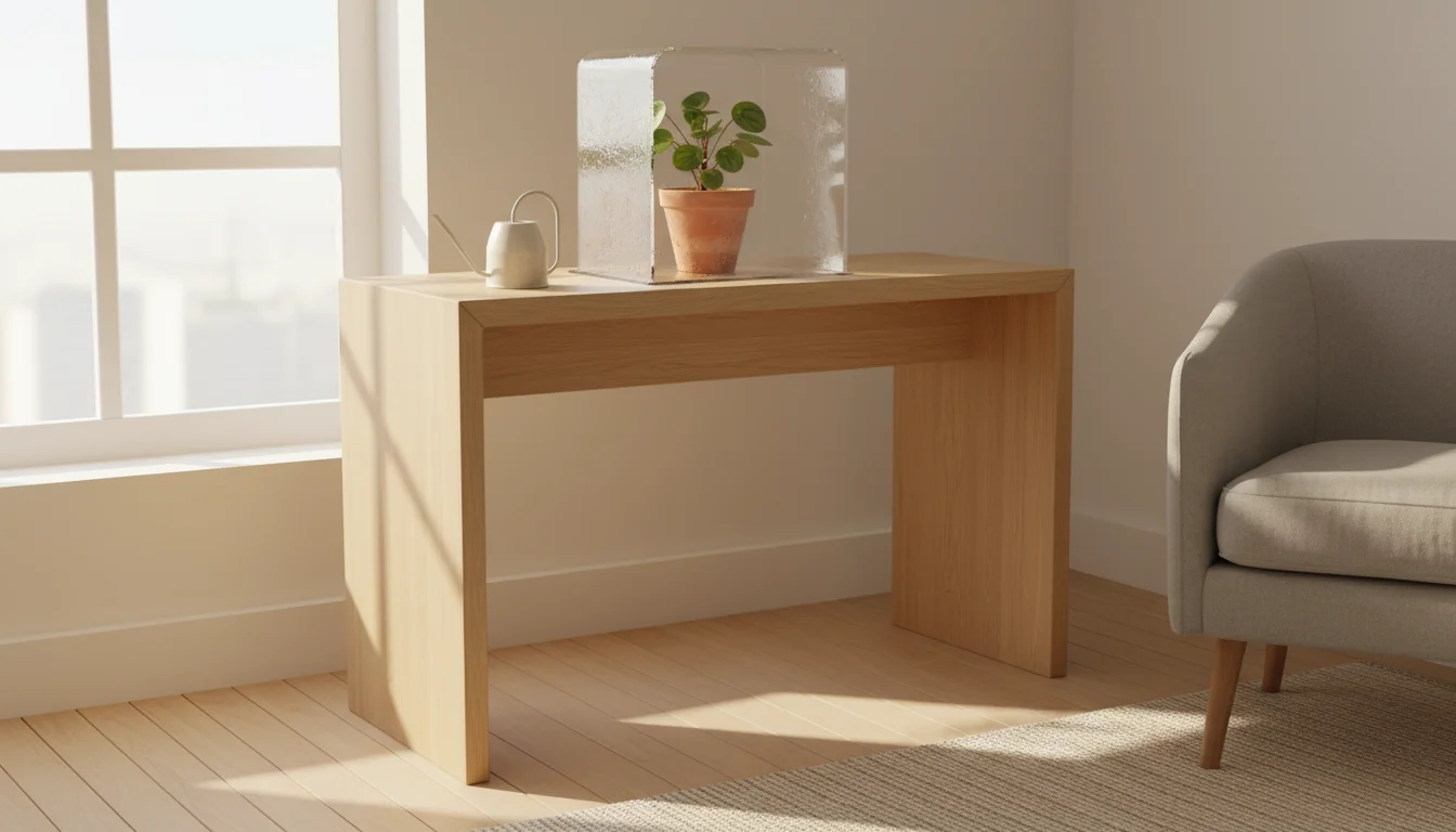Clear acrylic mini-greenhouse on a light wooden table, housing a small new Peperomia in a terracotta pot near a sunlit window.
