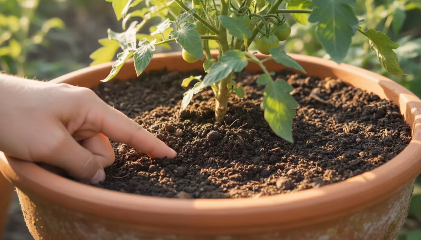 An adult's finger tests the consistently moist, dark soil in a large terra cotta pot with a healthy potted tomato plant on a sun-dappled patio.