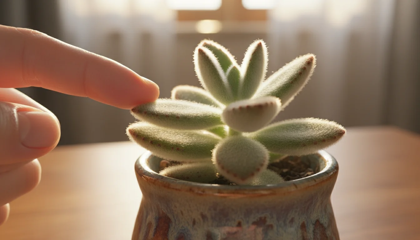 Close-up of an adult finger gently touching the fuzzy, velvety leaf of a Kalanchoe 'Panda Plant' in a small ceramic pot bathed in warm natural light.