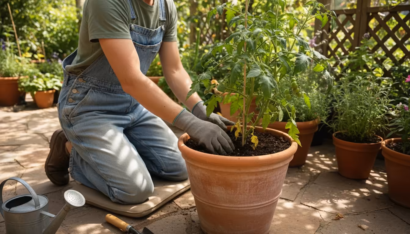 An adult gardener kneels on a patio, fingers inserted two inches deep into the soil of a large potted tomato, checking moisture in soft early morning 