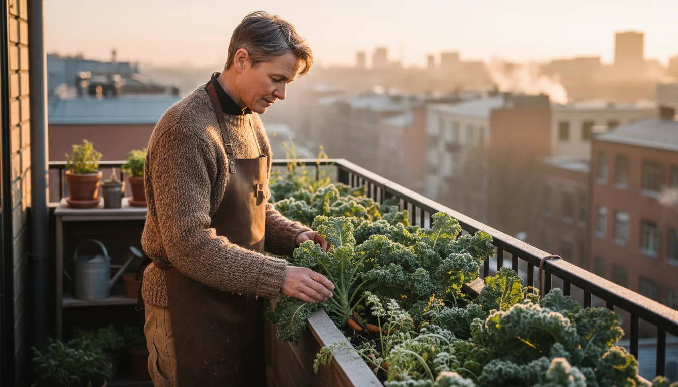 Adult gardener on urban balcony observes container kale and carrots in morning light, subtle frost sheen on leaves.