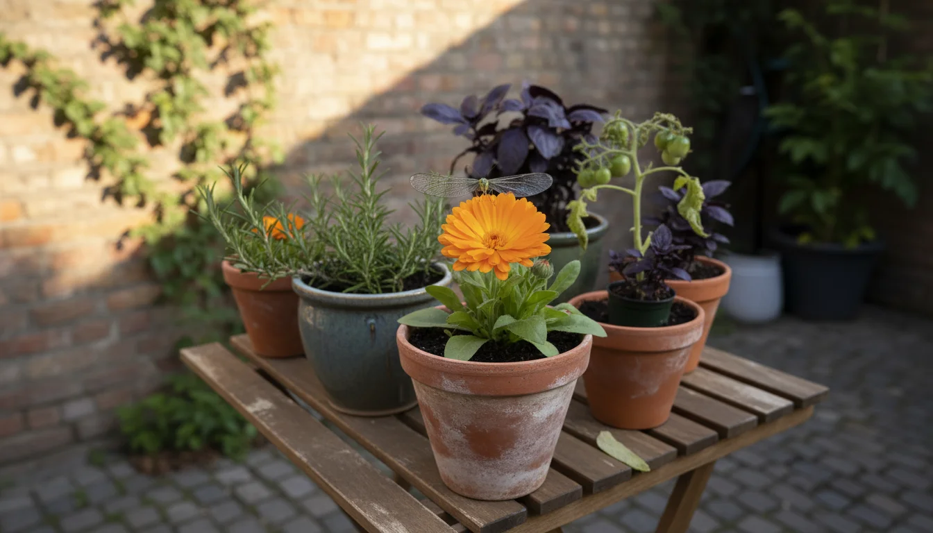 An adult green lacewing rests on a bright orange calendula flower in a terracotta pot on a patio, surrounded by other container plants.