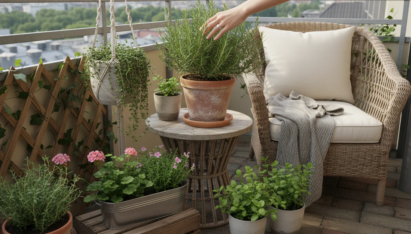An adult's hand brushes rosemary leaves on a small balcony table surrounded by various fragrant container plants.