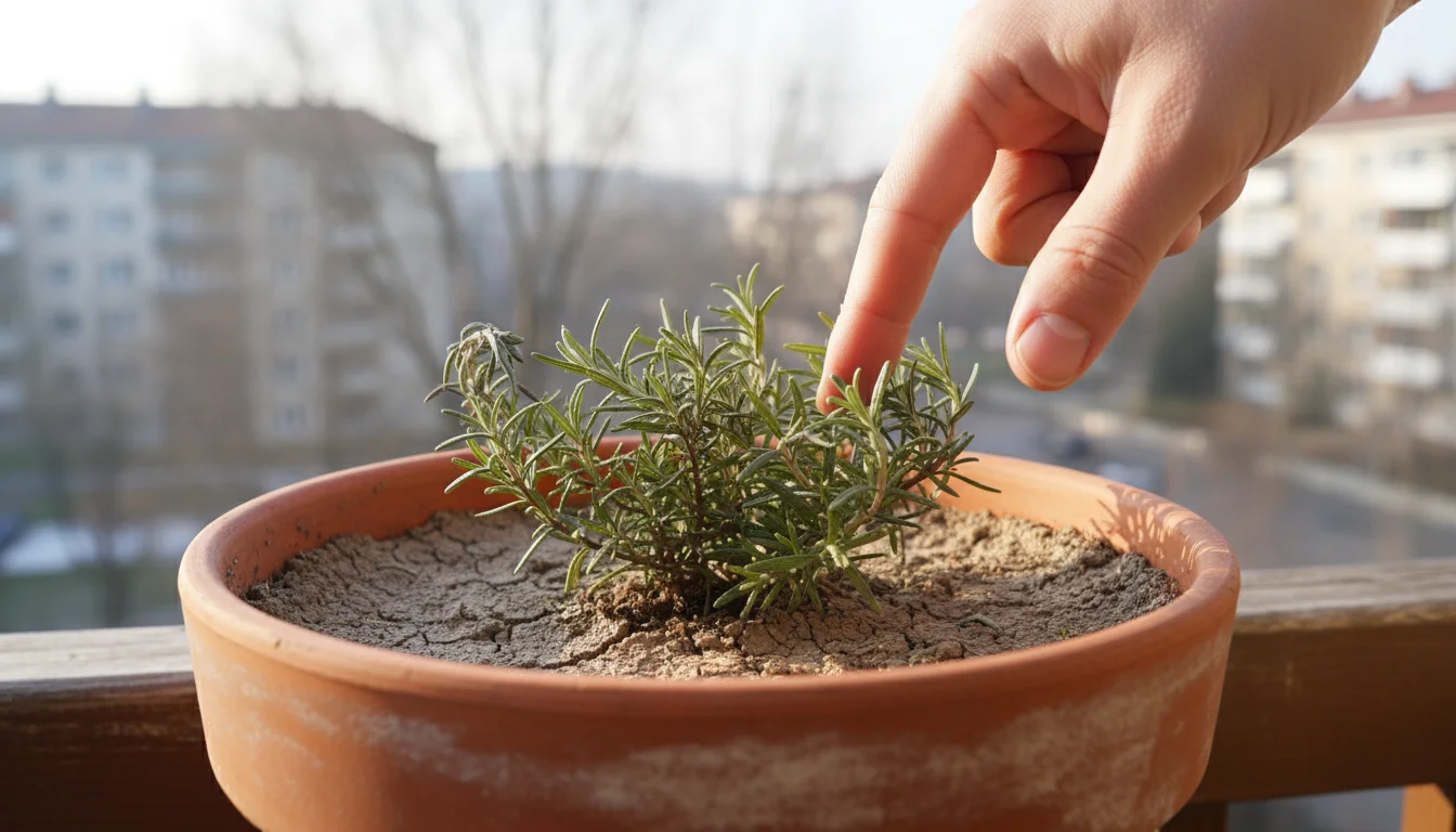 An adult's hand checks the dry soil of a potted rosemary plant on a balcony, feeling for moisture.