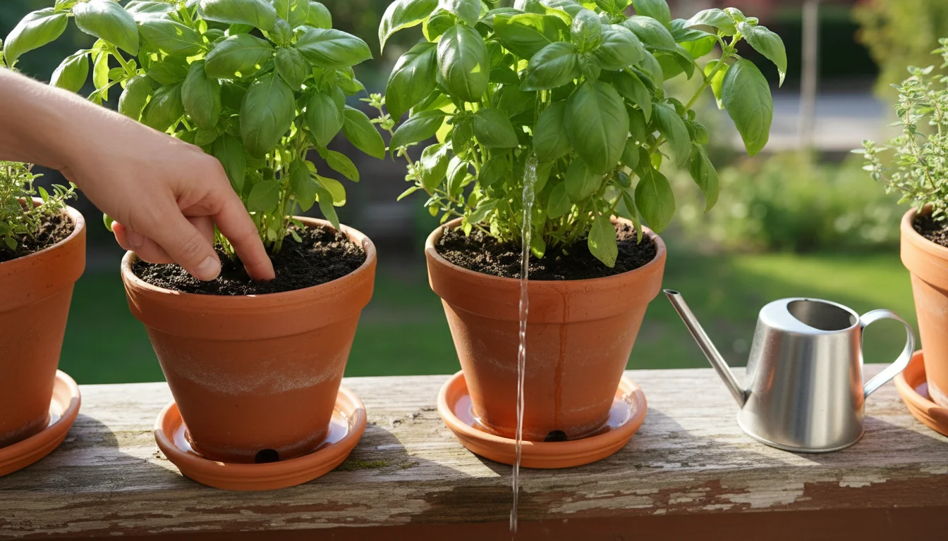 An adult's hand checks soil moisture in a basil plant. Water drips from a nearby herb pot into a saucer on a balcony railing.