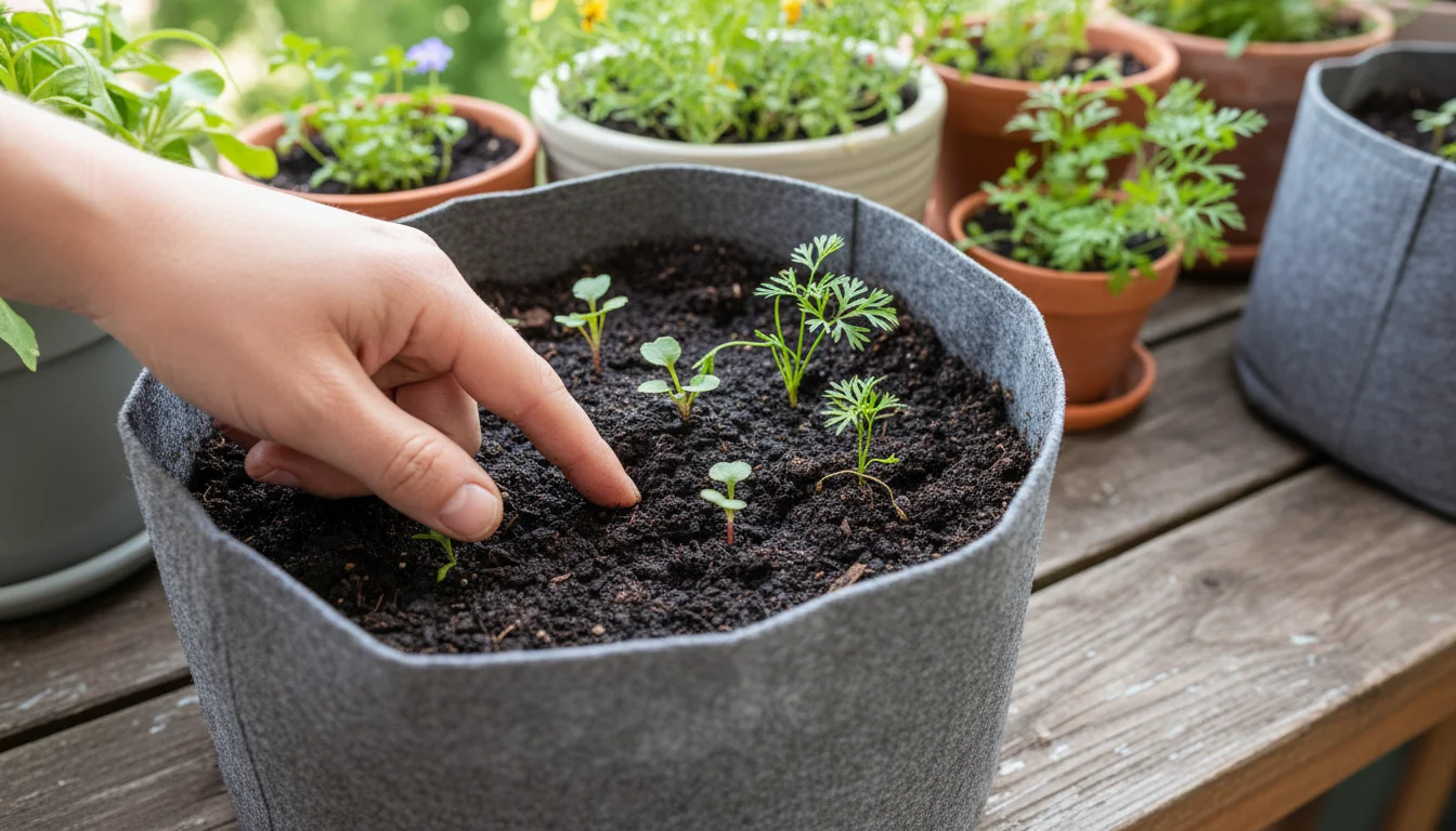 An adult's hand gently checks the soil moisture in a fabric grow bag containing young root vegetables on a balcony railing.
