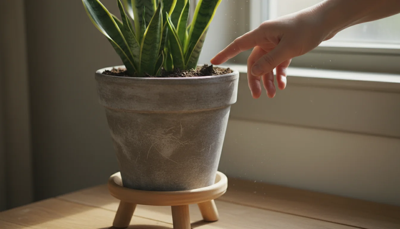 Adult's hand gently feeling the dry soil of a healthy Snake Plant in a terracotta pot on a windowsill.