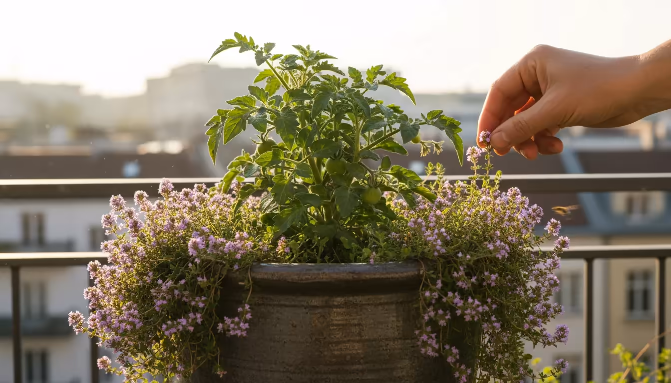 Adult hand harvesting purple-flowered creeping thyme from a large ceramic pot on a sunny urban balcony.