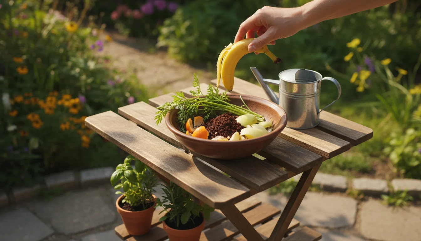 An adult hand holds a banana peel over a bowl of kitchen scraps ('greens'), next to a pail of dry leaves and paper ('browns') on a sunny patio table.