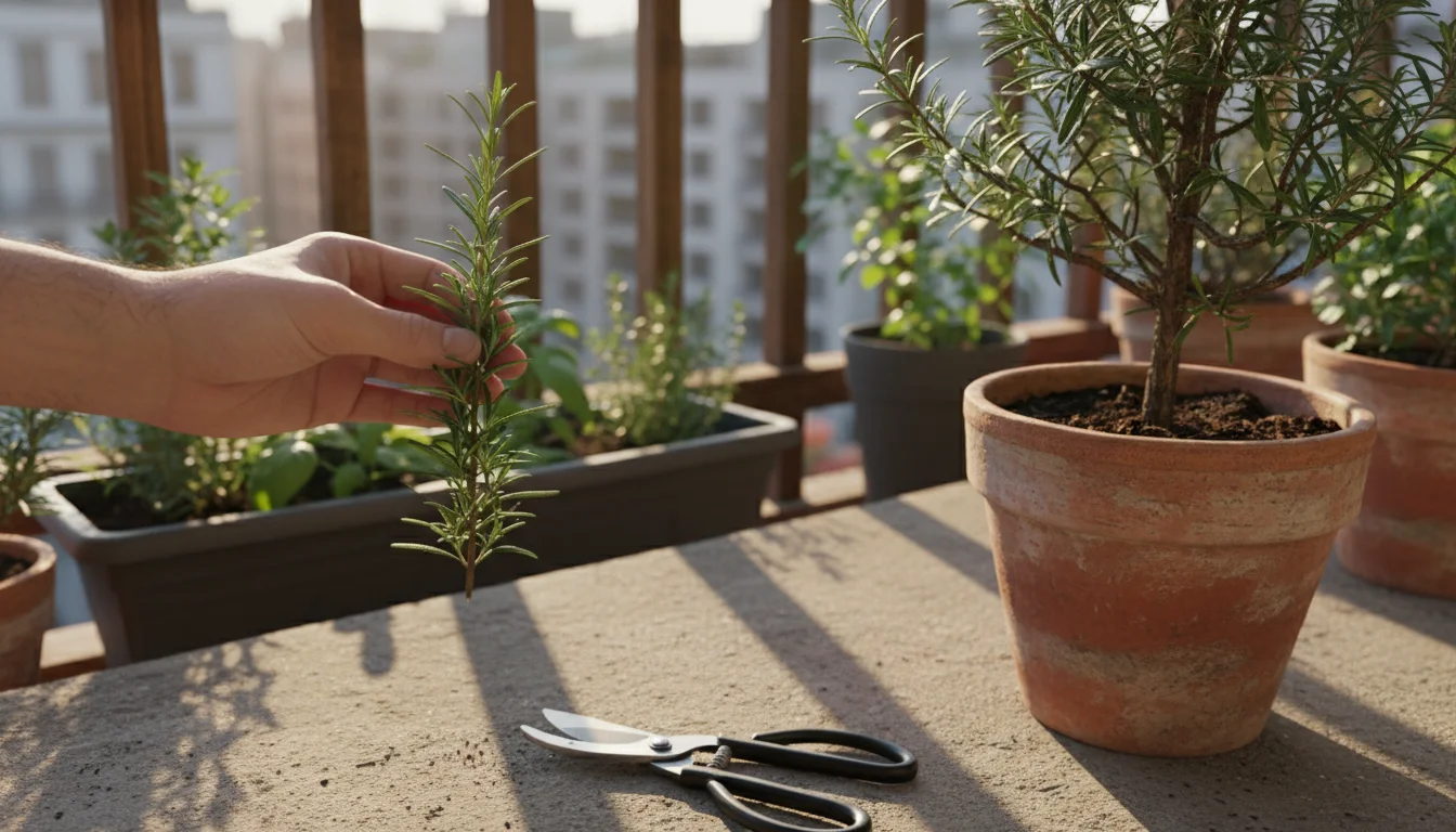 An adult hand holds an 8-inch rosemary stem freshly cut from a terracotta pot, with sharp shears visible beside the plant.
