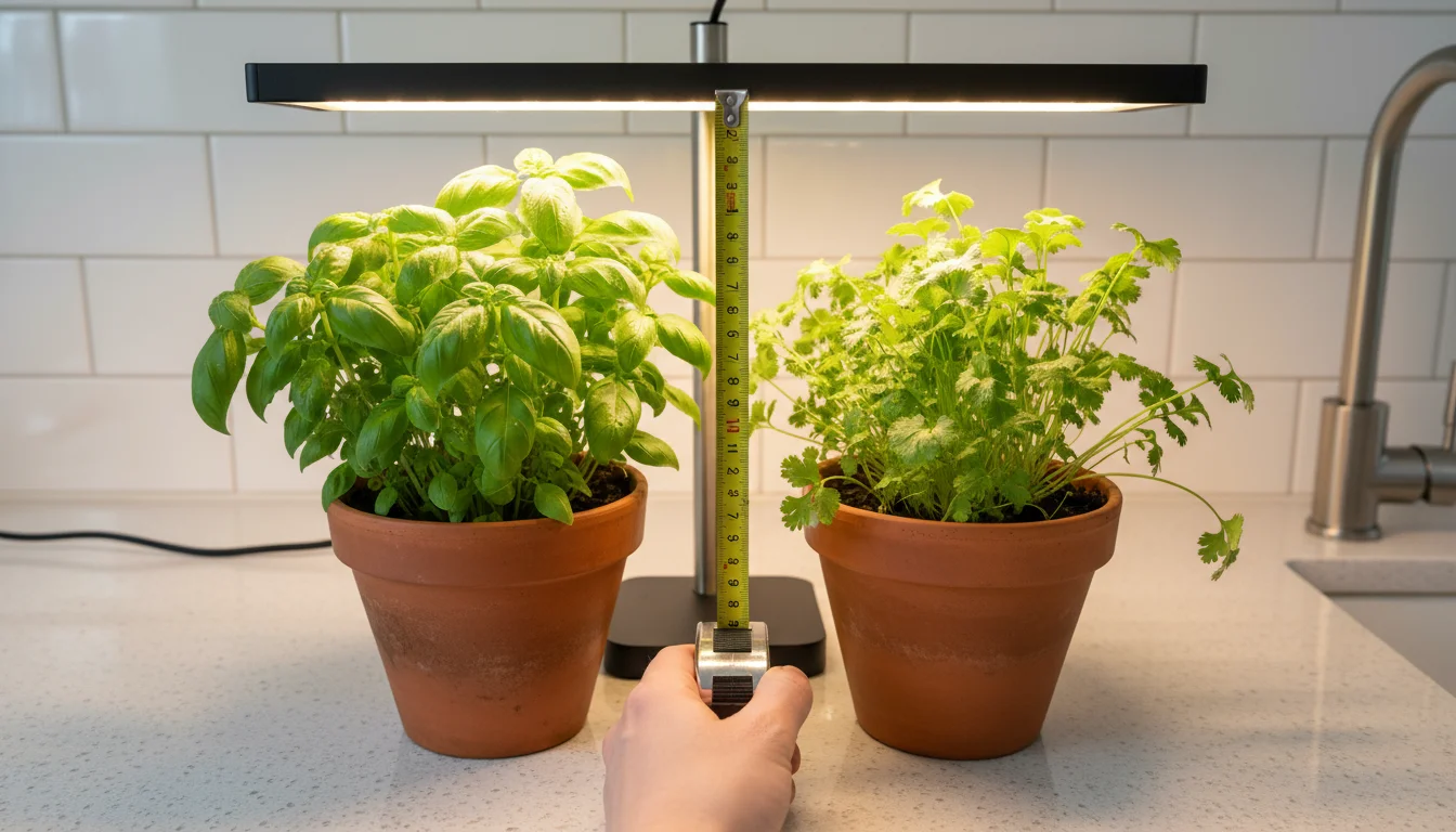 An adult hand measures the distance between a suspended LED grow light and vibrant basil plants in terracotta pots on a kitchen counter.