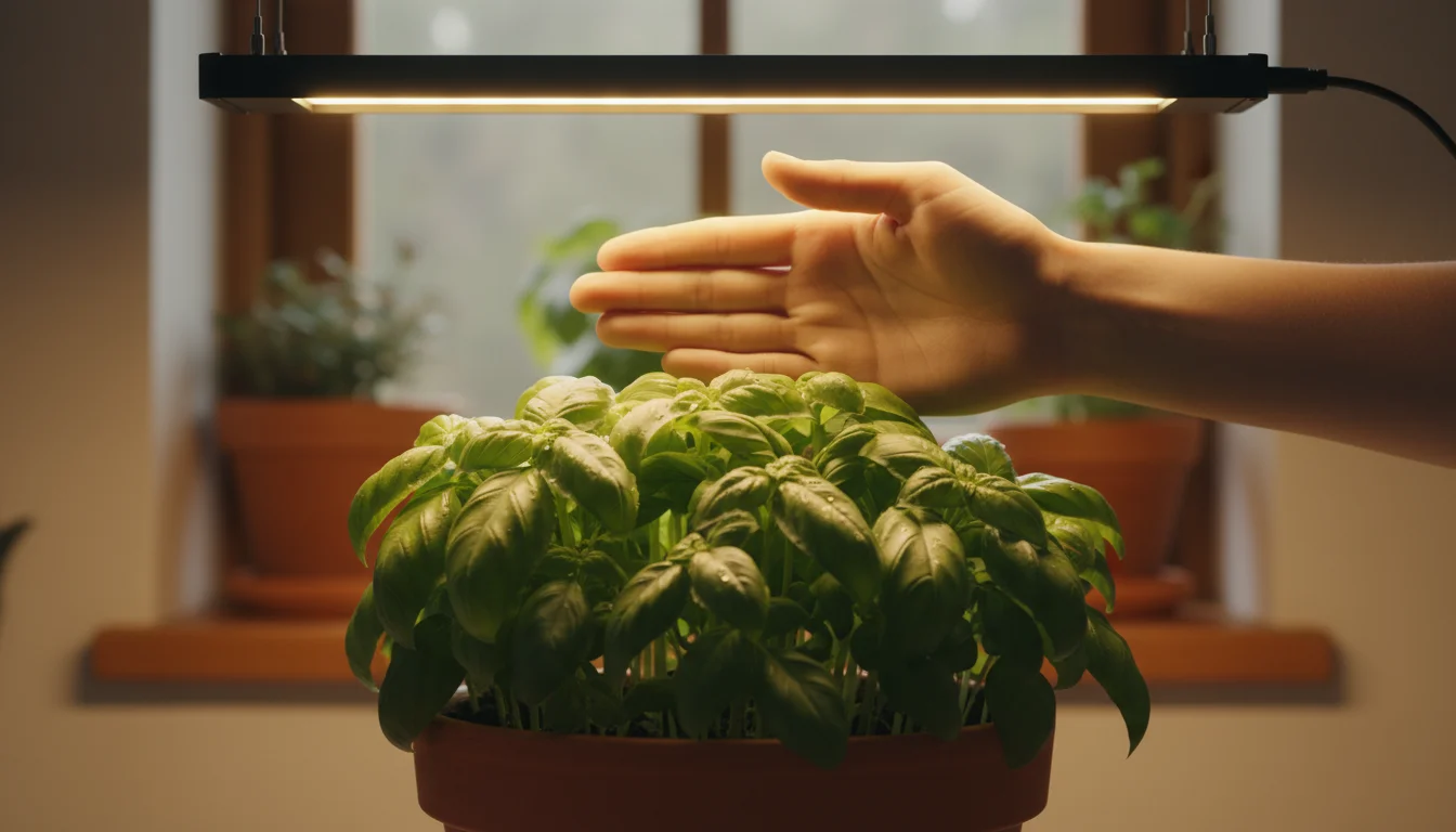 An adult's hand measures the 2-3 inch distance between an LED grow light and a potted basil plant on a counter.