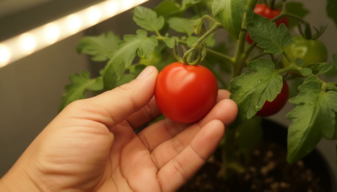 Adult hand gently picking a vibrant red, ripe dwarf tomato from an indoor plant under a grow light.