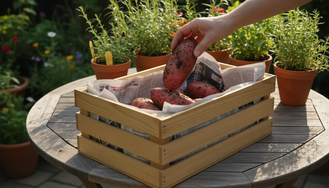An adult's hand gently places an unwashed sweet potato into a slatted wooden crate lined with newspaper on a sunny patio table.