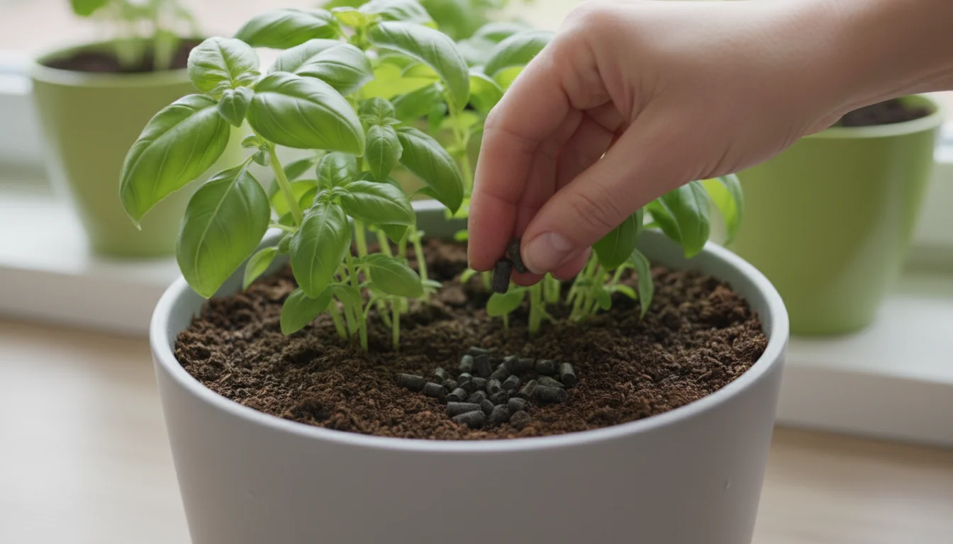 Close-up, adult hand sprinkles organic slow-release fertilizer pellets onto rich, dark soil around a healthy basil plant in a light gray ceramic pot.
