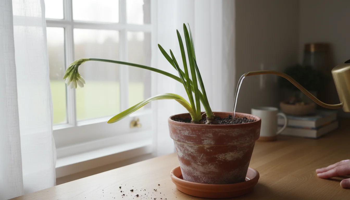 An adult hand turns a terracotta pot containing a leggy paperwhite plant with yellowing leaves on a bright counter.