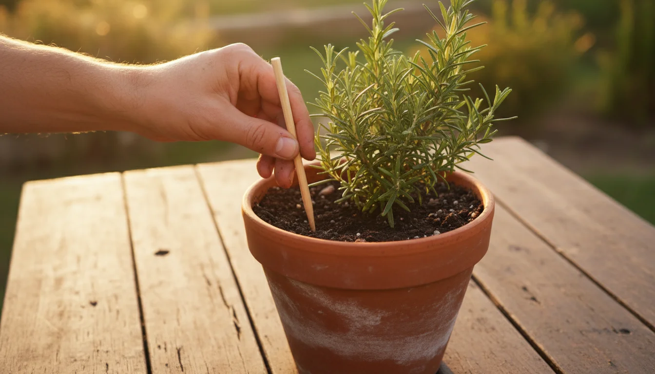 Adult hand uses a chopstick to aerate dense soil in a terracotta pot with a rosemary plant on a sunlit patio.