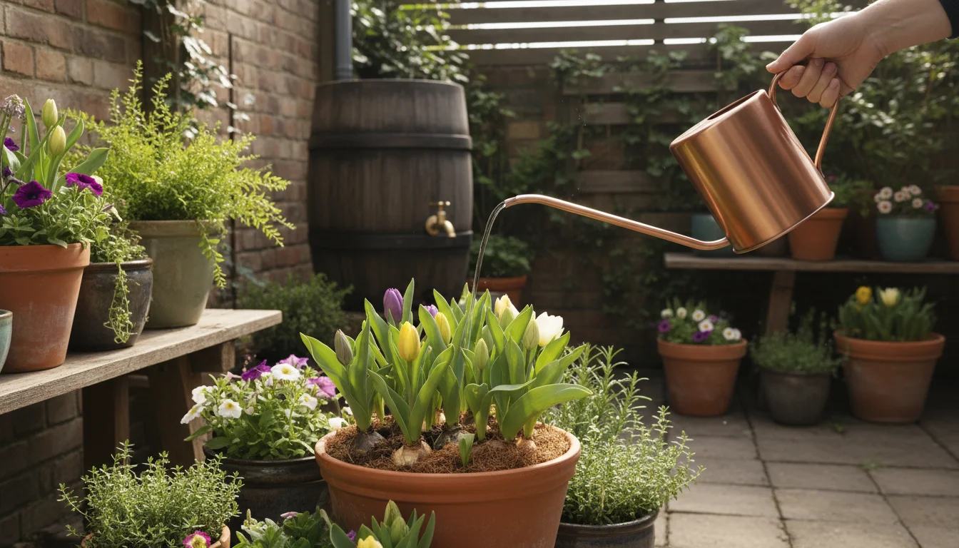 An adult's hand waters a vibrant potted plant on a small patio using a slender watering can. Other container plants, some with coco coir, and a decora