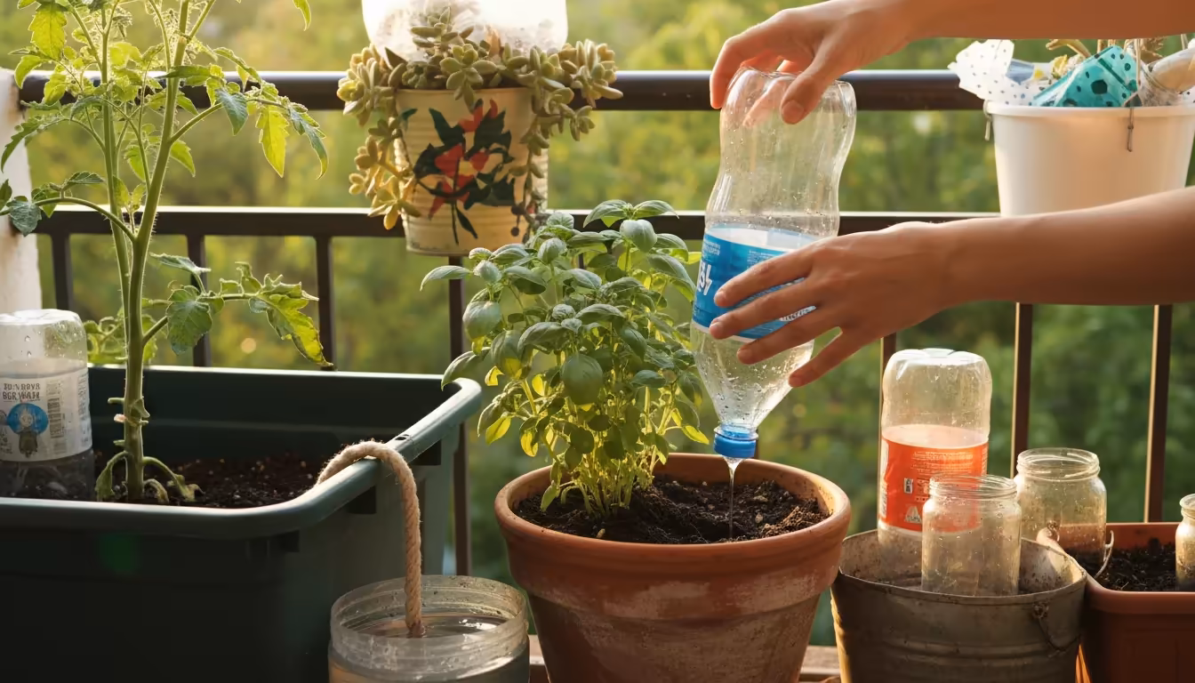 Adult hands adjusting a DIY inverted plastic bottle watering system in a basil pot; a wick system is visible nearby on a sunny balcony.