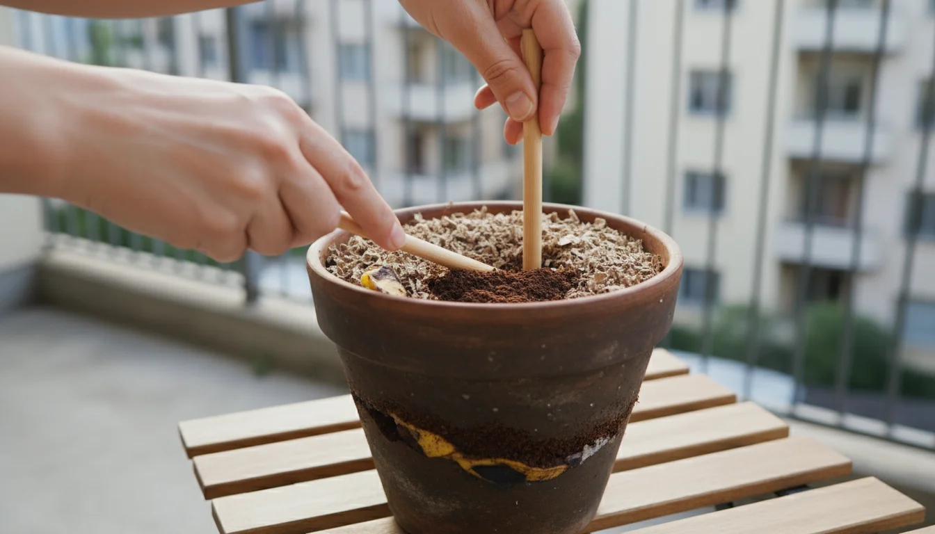 Adult hands gently aerate lasagna compost in a terracotta pot using a slender stick, adding dry, shredded leaves over visible kitchen scraps on a smal