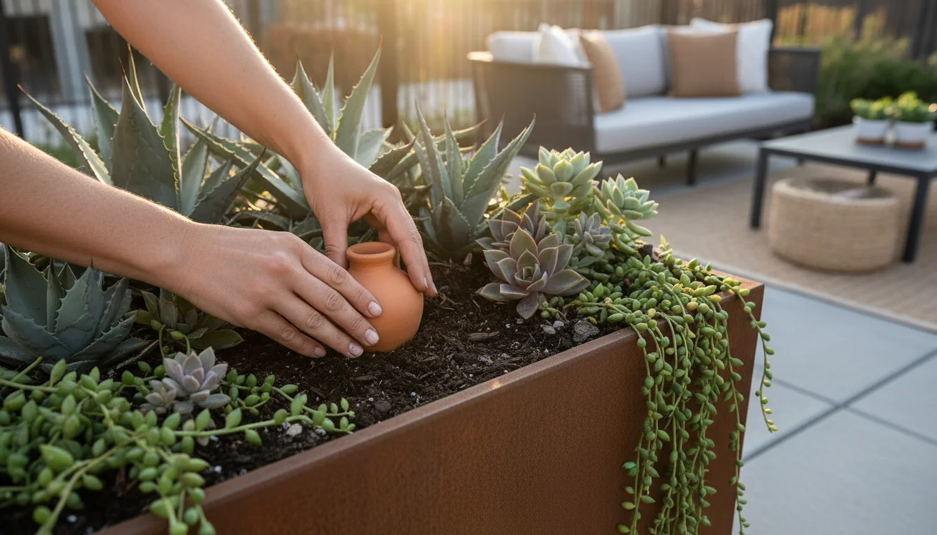 Adult hands burying a small terracotta olla amidst thriving sedums and succulents in a large container on an urban patio.
