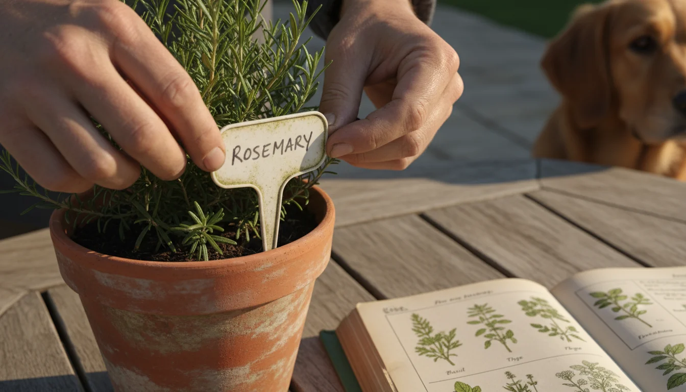 Adult hands carefully checking a plant marker in a rosemary pot on a patio, with a gardening book nearby and a dog's ear in the background.