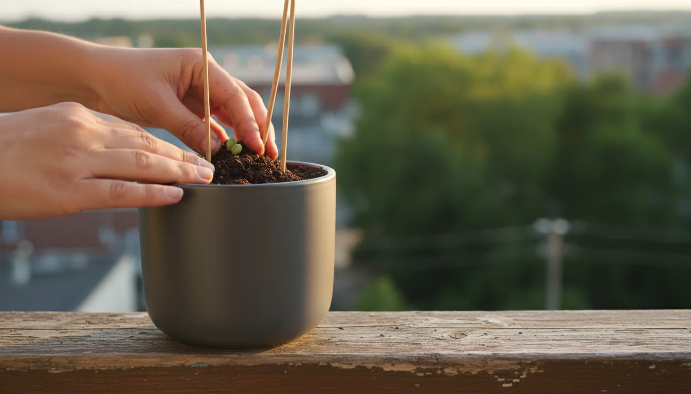 Adult hands gently cover pea seeds in a modern grey pot with wooden trellis stakes on a sunny balcony railing.