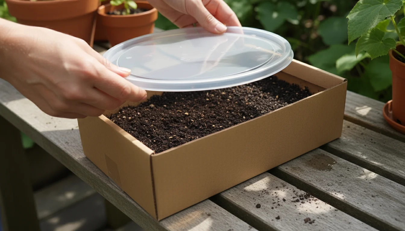 Adult hands gently covering a cardboard shoebox filled with moist seed-starting mix and small seeds with a clear plastic lid on an apartment counter.