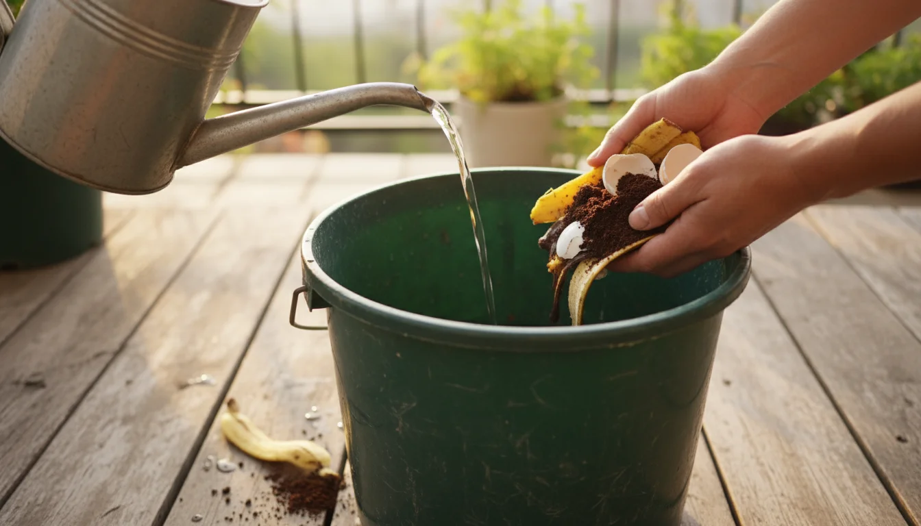 Adult hands dropping kitchen scraps like banana peels and coffee grounds into a dark green bucket on a balcony, as water trickles in.