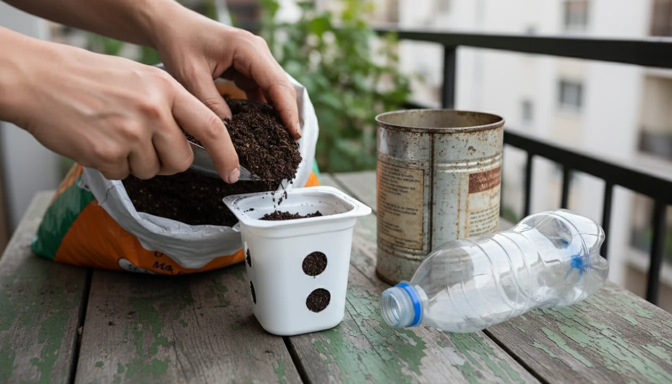 Adult hands filling a cleaned, repurposed plastic yogurt container with potting soil on a rustic balcony table, with other recycled containers nearby.