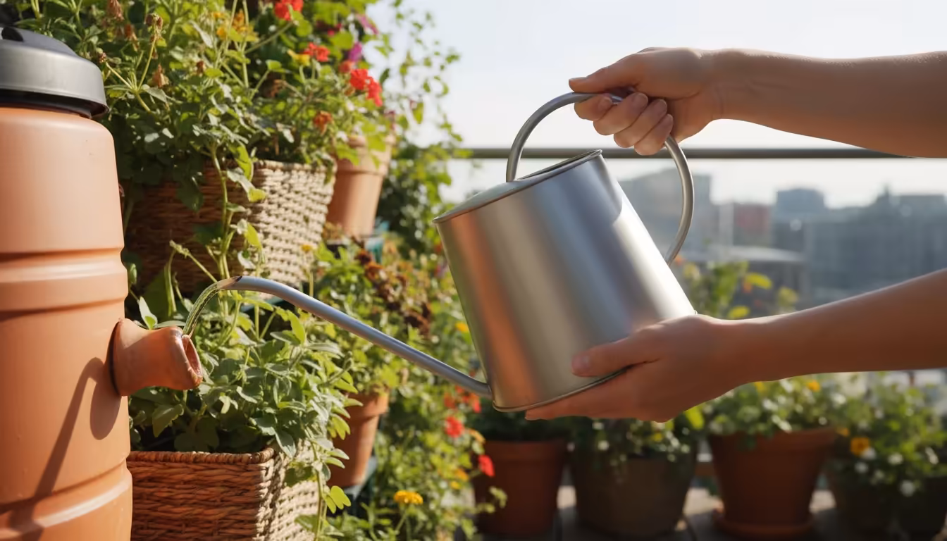 Adult hands filling a silver watering can from a terracotta rain barrel on a sunlit balcony, surrounded by lush potted plants.