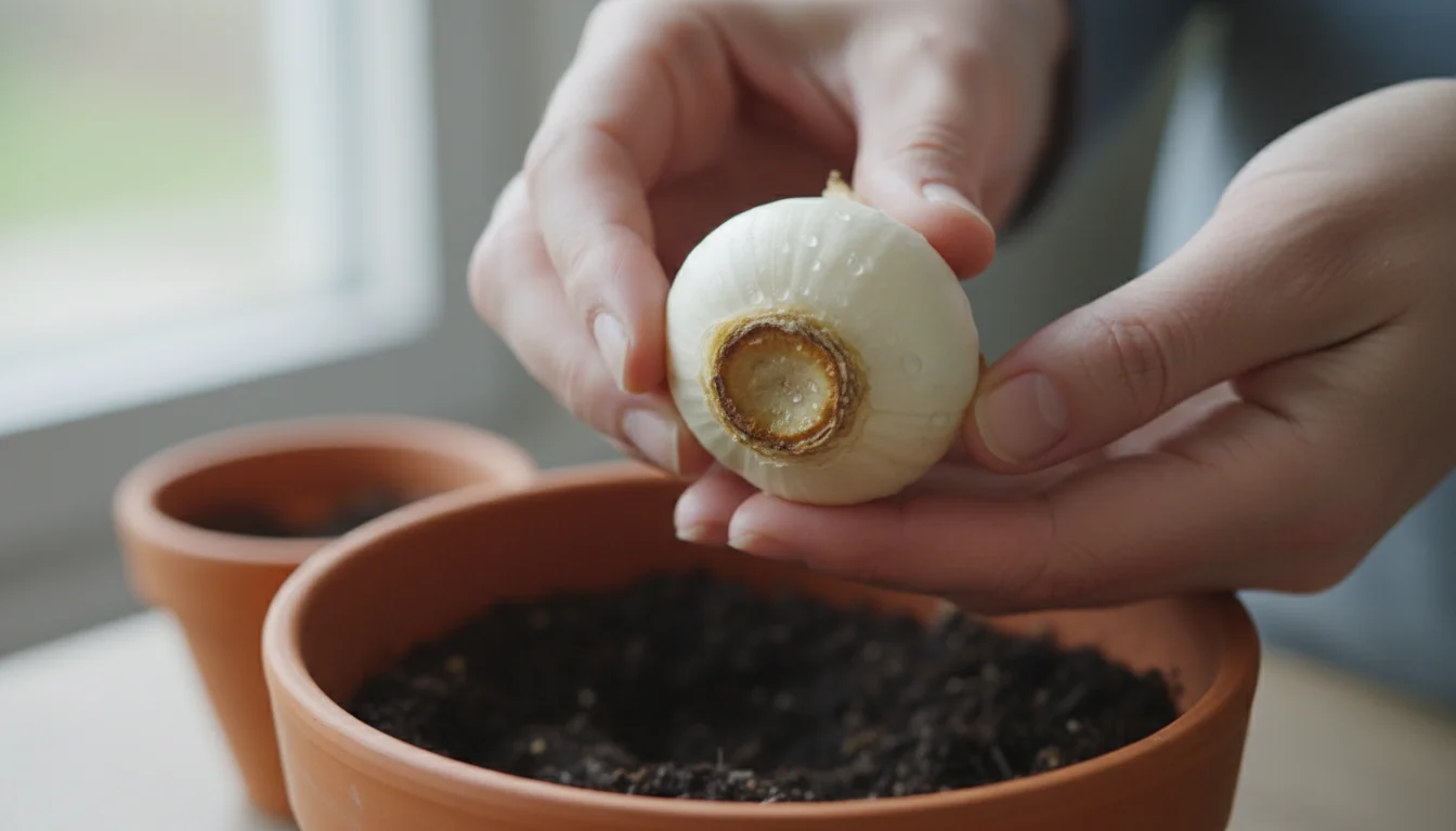 Adult hands hold a paperwhite bulb with a mushy, discolored base, dripping water, over a terracotta pot.
