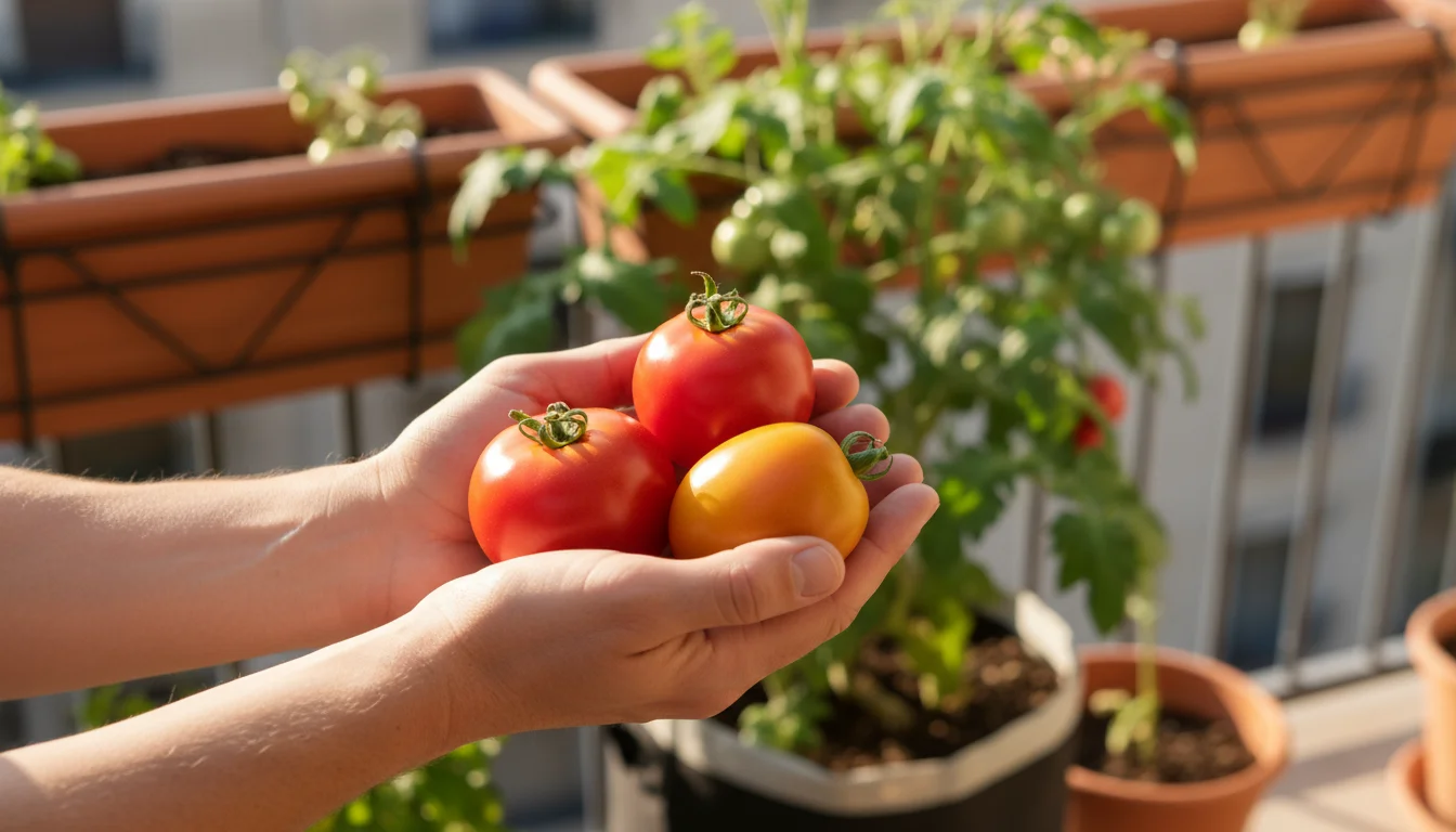 Adult hands gently hold three perfectly ripe, freshly picked tomatoes (two red, one yellow/orange) with a blurred container tomato plant in the backgr