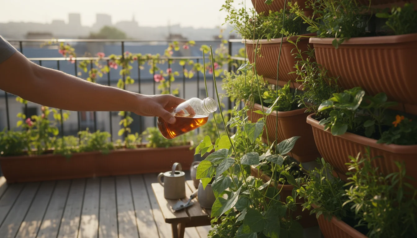 Adult's hands holding liquid fertilizer near young bean plants in a vertical planter, with seeds, watering can, gloves, and trowel on a side table.