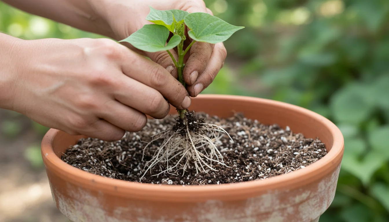 Adult hands carefully holding a sweet potato slip with visible white roots, poised over a terracotta pot on a small balcony.