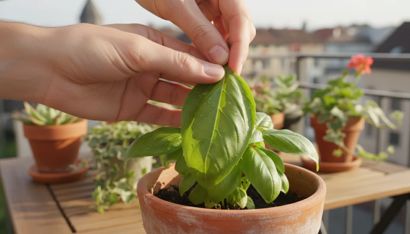 An adult's hands gently inspect a vibrant basil plant leaf in a terracotta pot on a small balcony table, with an open gardening journal nearby.