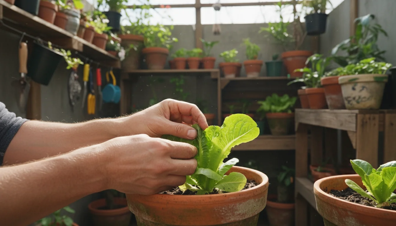 Adult hands gently inspecting a vibrant lettuce leaf in a terracotta pot within a lush, sunlit container garden on a patio.